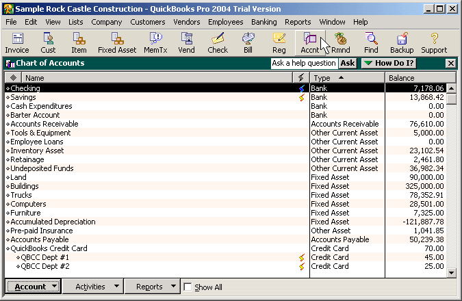 Screenshot of QuickBooks' chart of accounts